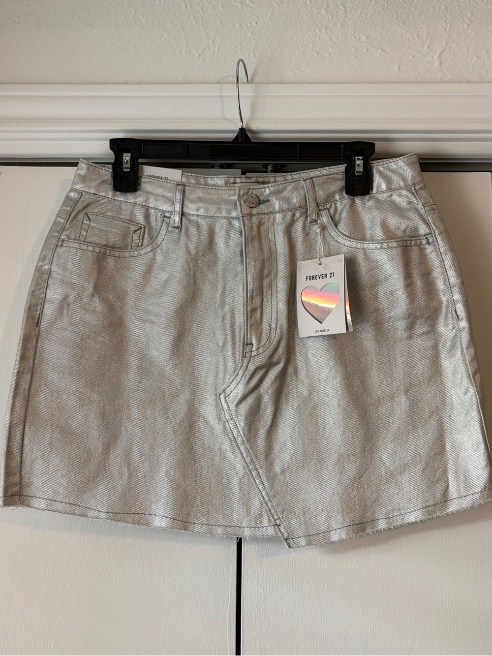 Forever 21 Silver Metallic Mini Skirt with Front Pockets